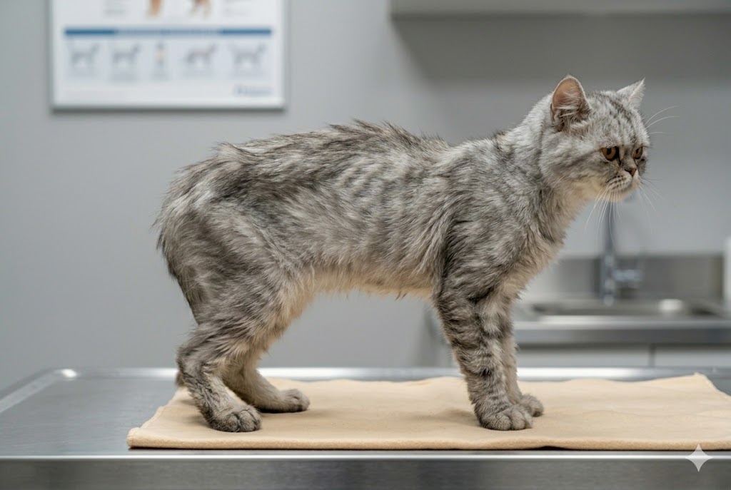 Underweight cat at BCS 3 on veterinary examination table showing visible ribs and extreme abdominal tuck