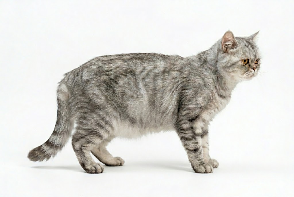 Overweight cat at BCS 7 showing rounded body and absent waist definition