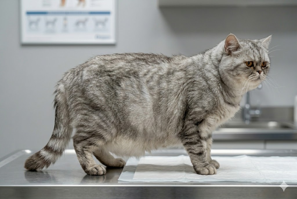 Obese cat at BCS 8-9 on examination table showing the health consequences of feline obesity