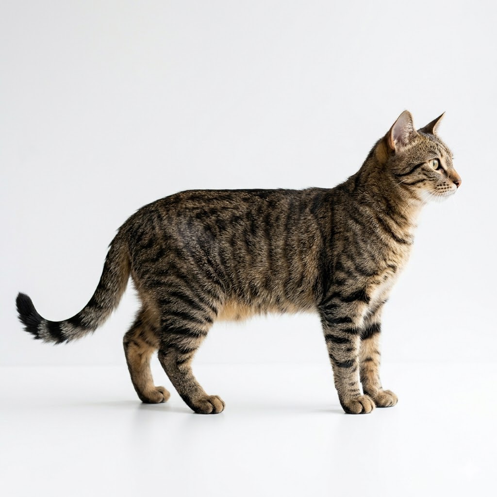 Healthy tabby cat photographed from the side at body height for body condition assessment