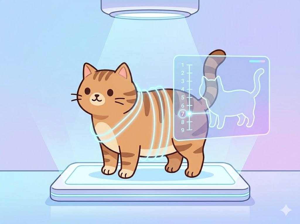 AI analyzing cat body shape for body condition score including primordial pouch assessment