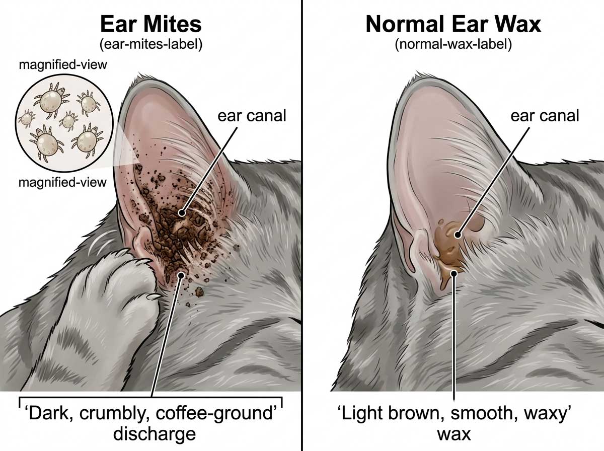 Cat ear showing dark brown discharge caused by ear mites