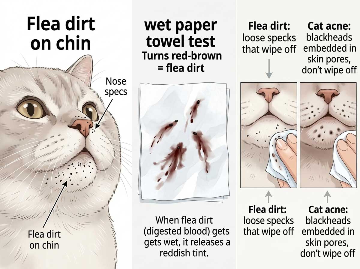 Flea dirt on cat skin showing tiny black specks among fur