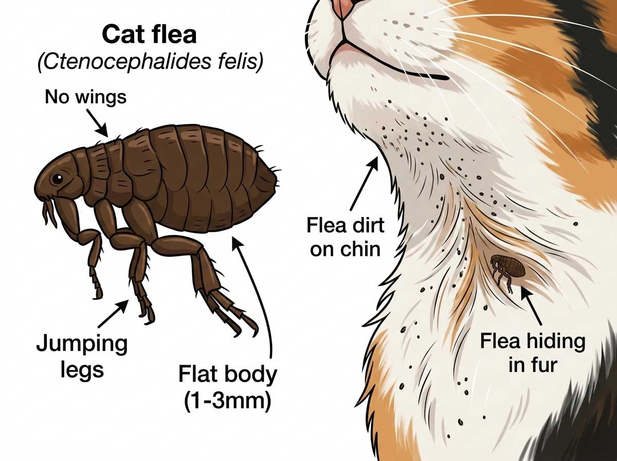 Flea on cat fur showing small dark brown wingless insect