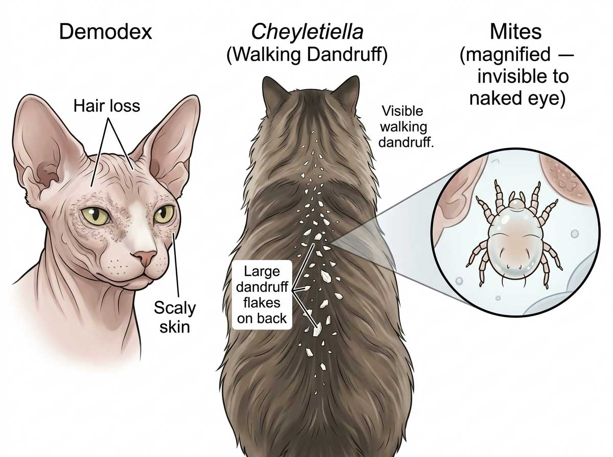 Cat with mite infestation showing hair loss and skin irritation