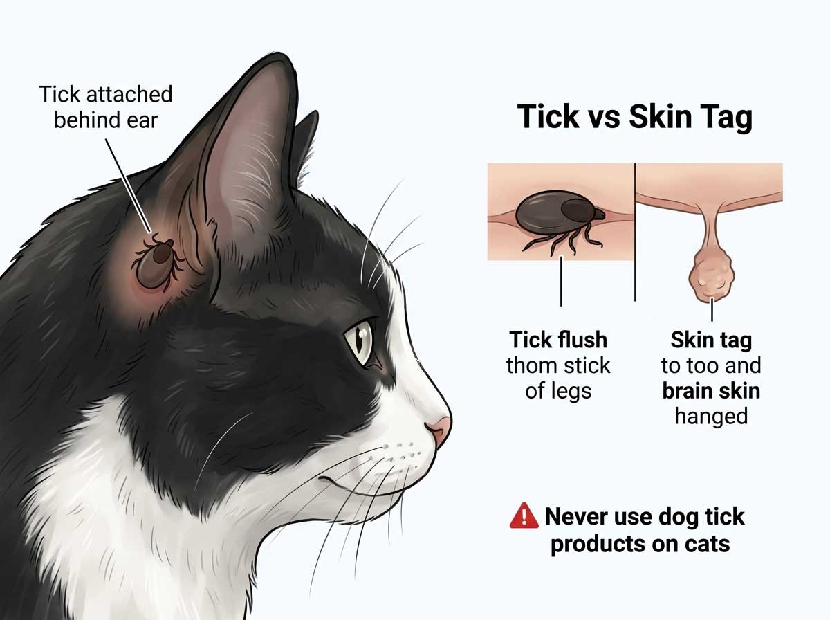 Tick attached to cat skin showing dark round body