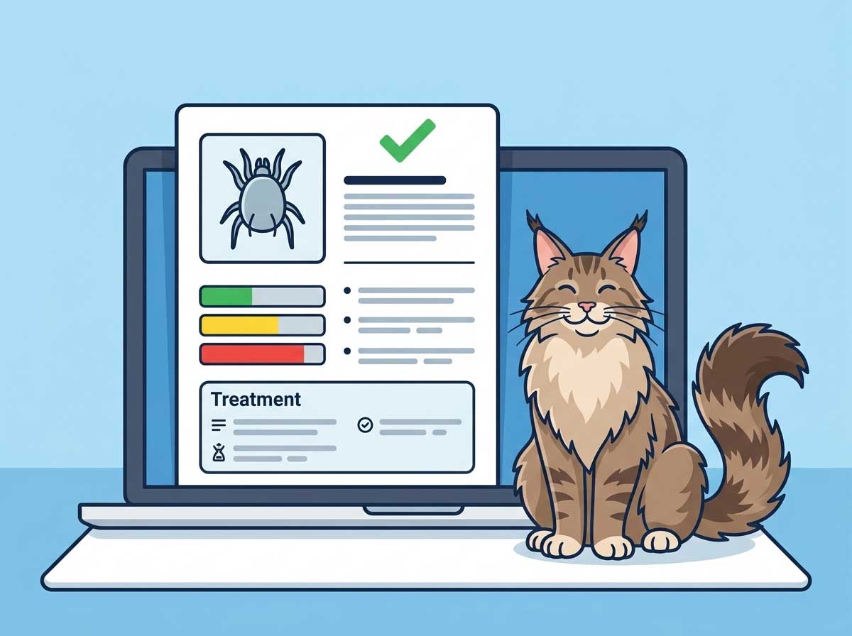 Detailed AI report identifying the bug on cat with treatment recommendations