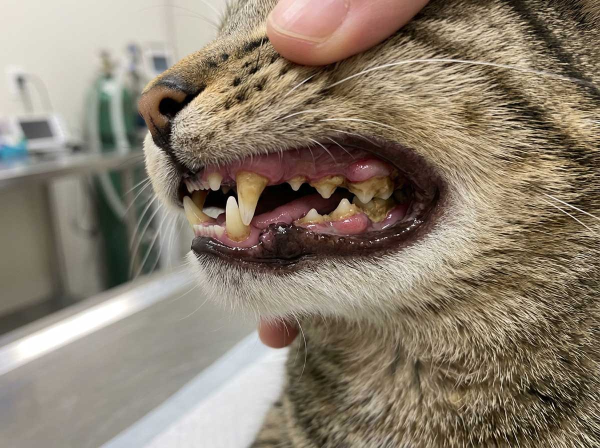 Cat gum disease showing red swollen gums and tartar buildup