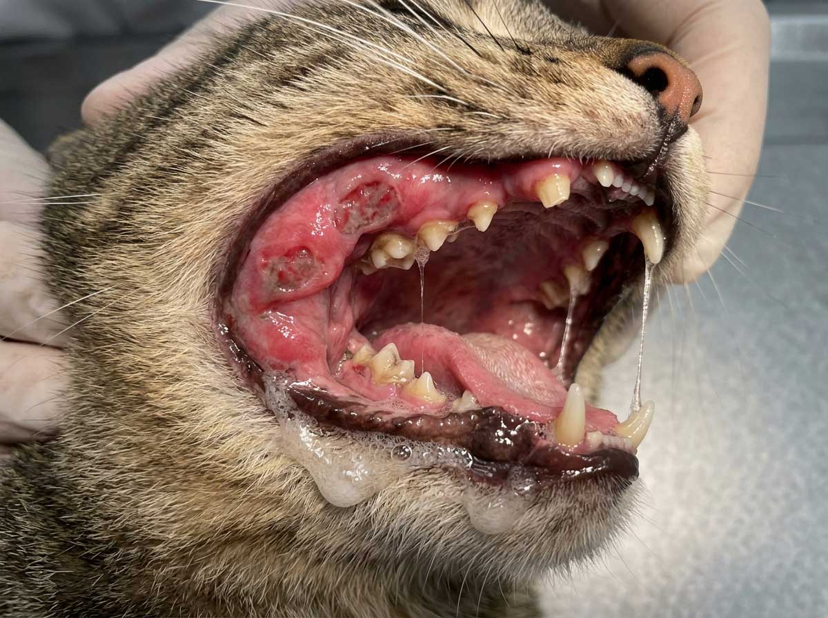 Cat stomatitis showing severe widespread mouth inflammation and redness