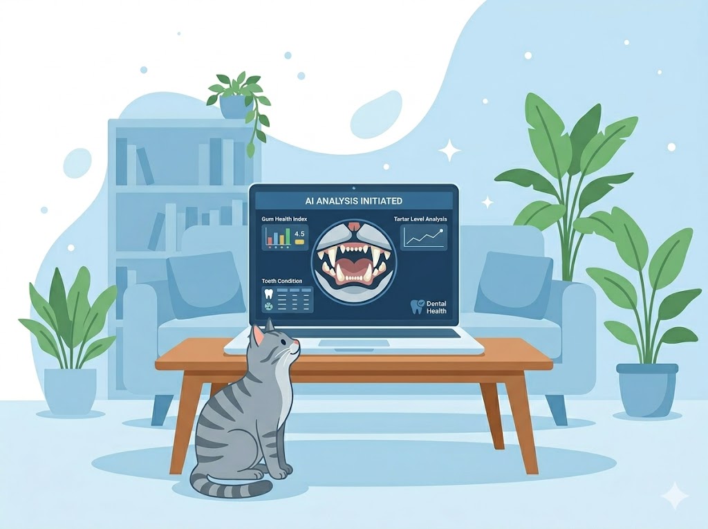 AI analyzing cat teeth photo for dental diseases