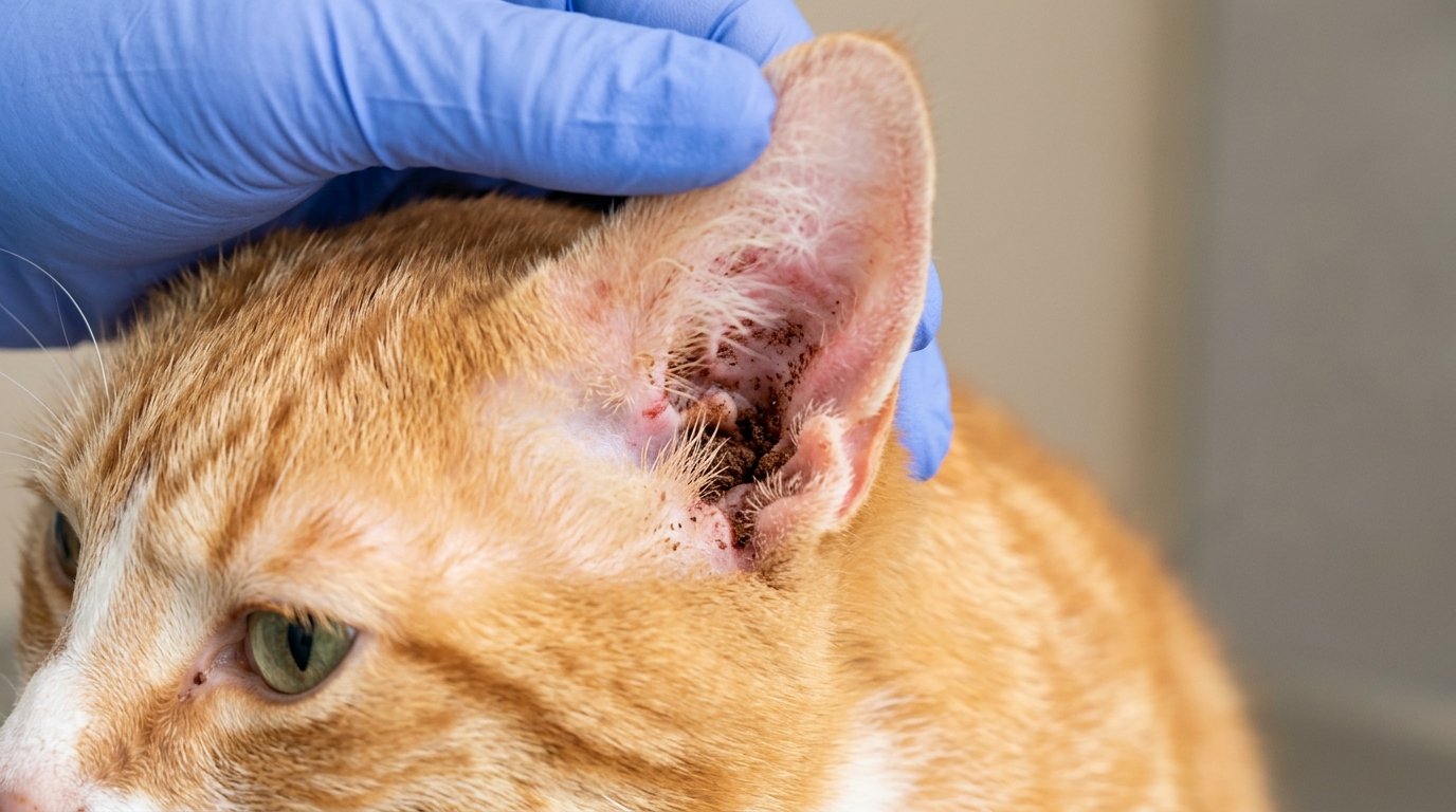 Cat ear mites showing dark crumbly coffee-ground discharge in ear