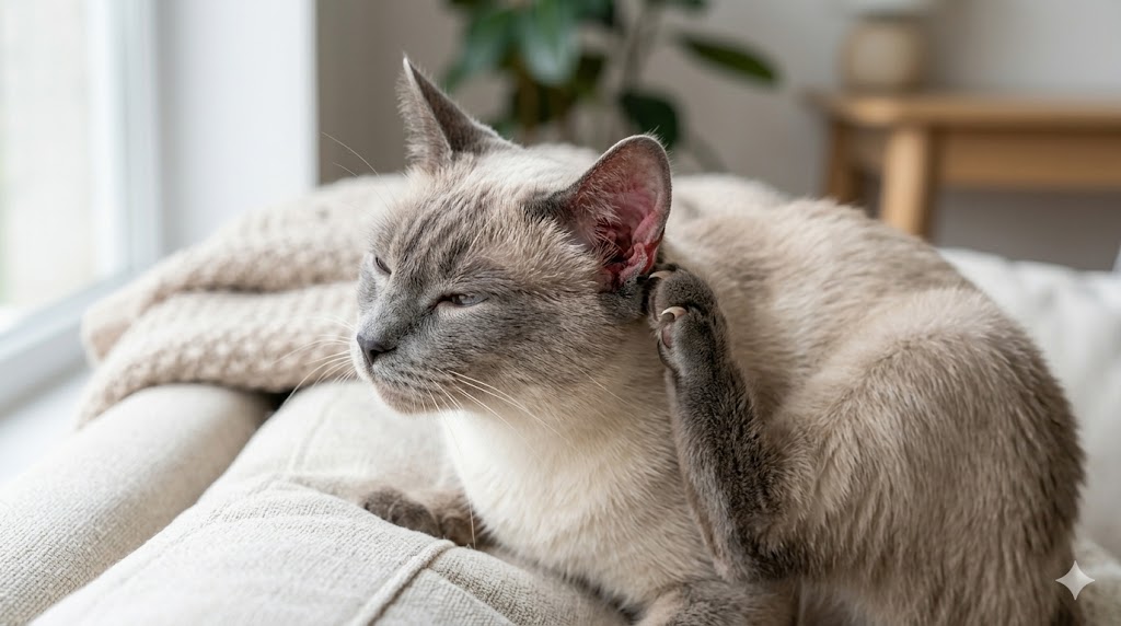 Cat scratching ear and shaking head showing signs of ear discomfort