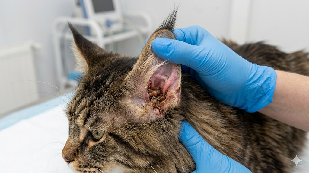 Cat ear yeast infection showing brown waxy discharge