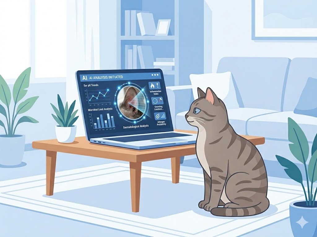 AI analyzing cat ear photo for ear mites and infections