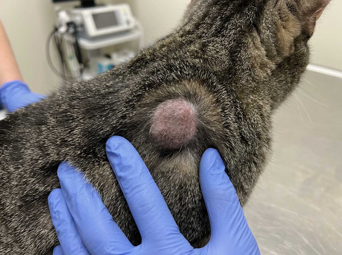 Cat injection-site sarcoma — firm hard lump at vaccination site area