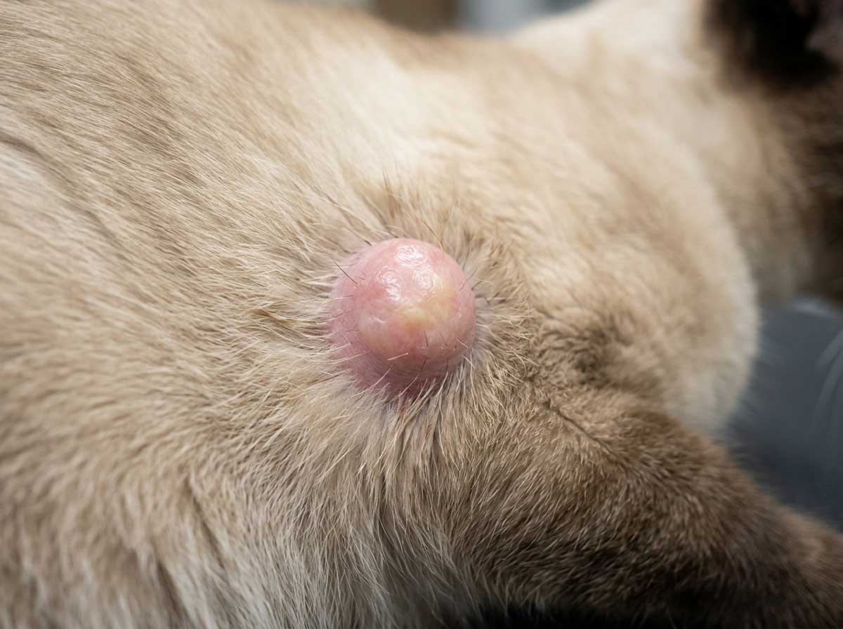 Cat mast cell tumor — small, firm, hairless, raised pink bump on skin