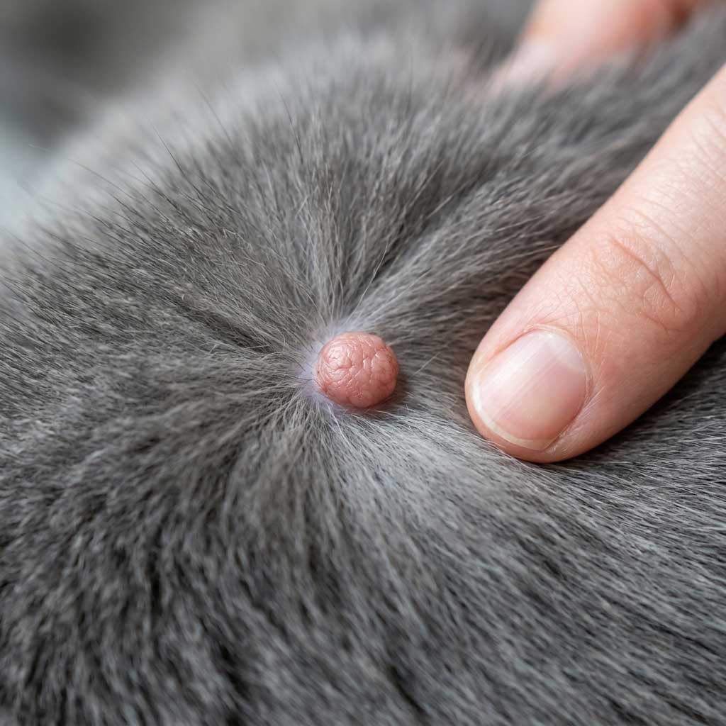 Good example: clear close-up photo of a lump on cat skin with fur parted