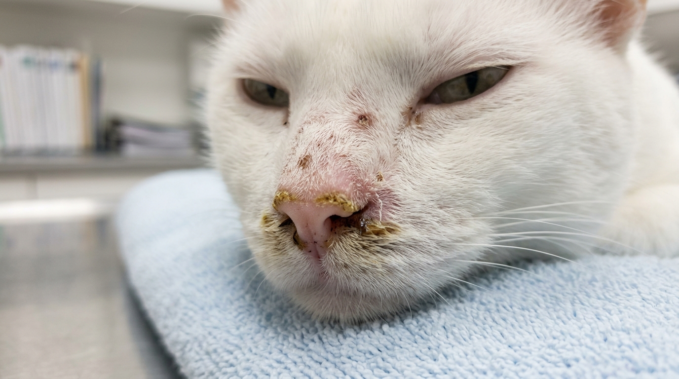 Cat nose showing crusty peeling skin and dried discharge