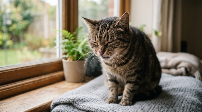 Cat sneezing with runny nose showing signs of upper respiratory infection