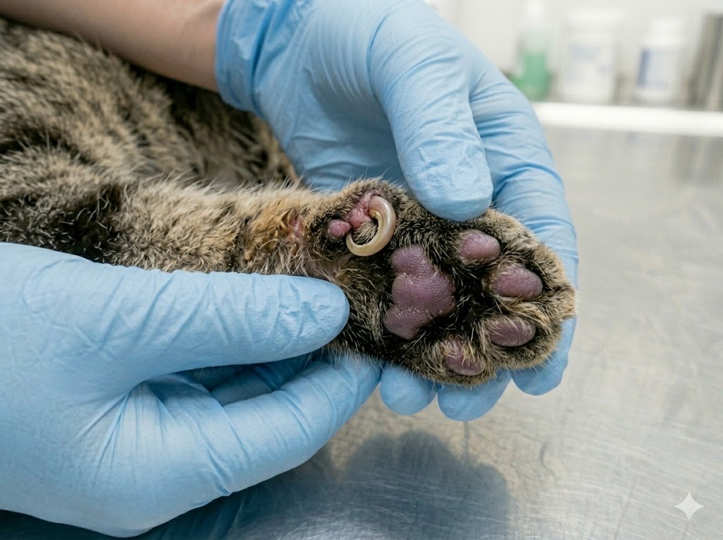 Cat ingrown claw curling tightly into the paw pad