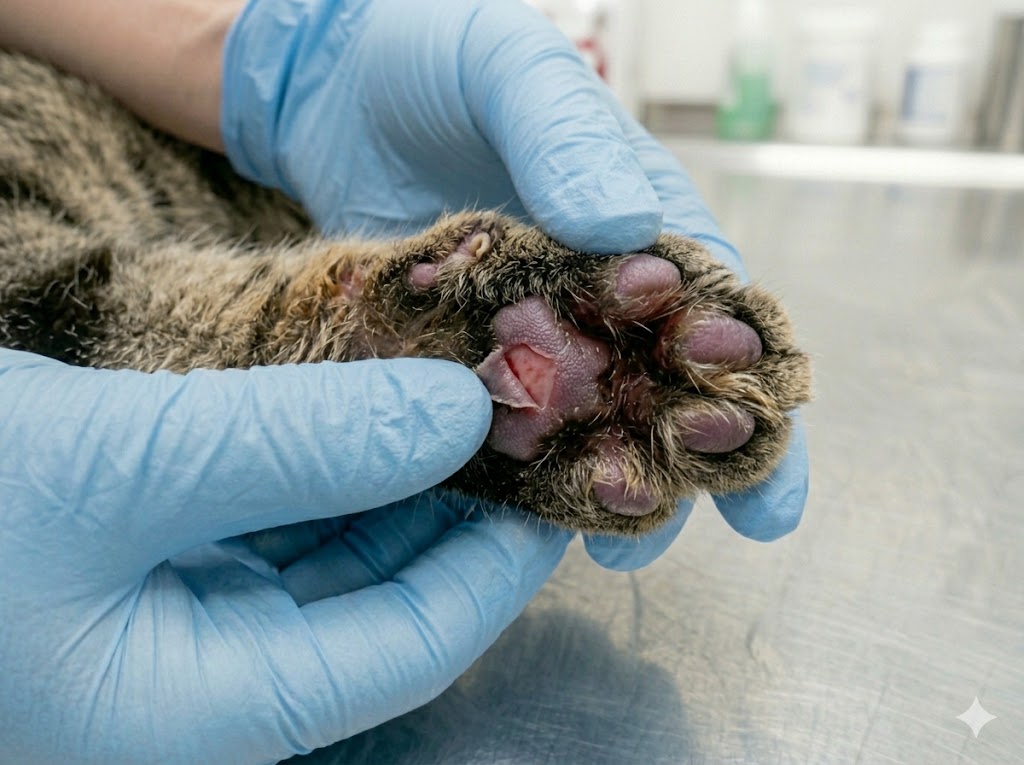 Cat paw with injury or irritation causing chewing behavior
