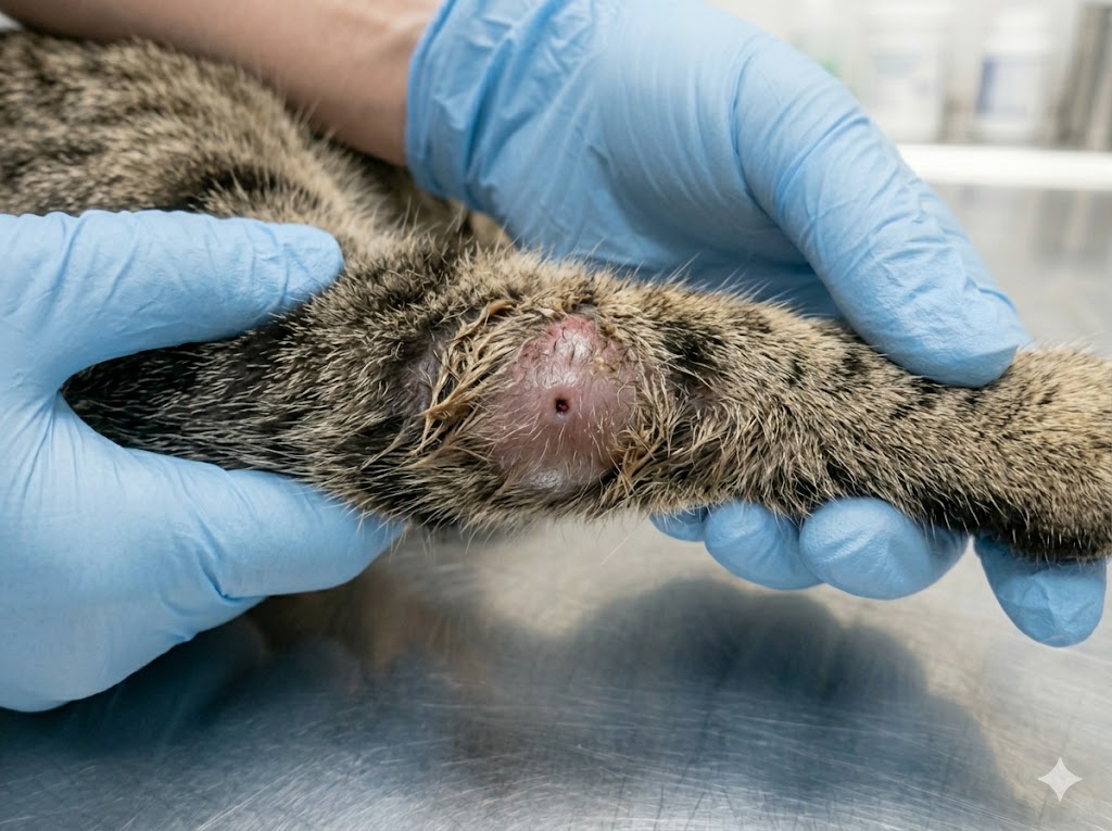 Cat paw with abscess from a bite wound showing swelling and redness