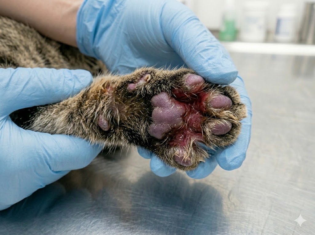 Cat paw with bacterial or fungal infection showing redness between toes