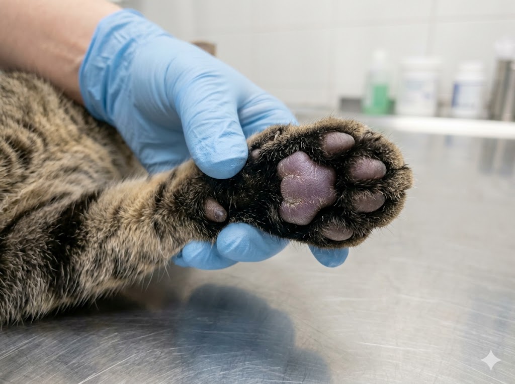 Cat paw pad with pillow foot showing soft puffy enlargement of central pad