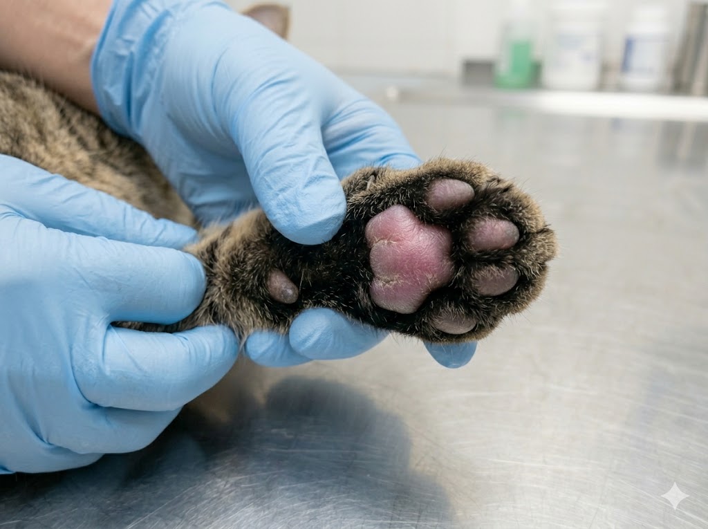 Swollen cat paw showing enlargement and redness