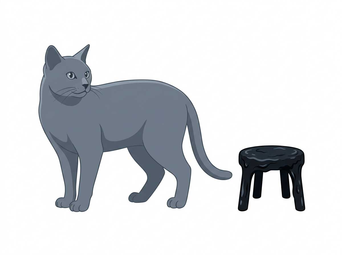 Black tarry cat stool (melena) indicating possible upper GI bleeding