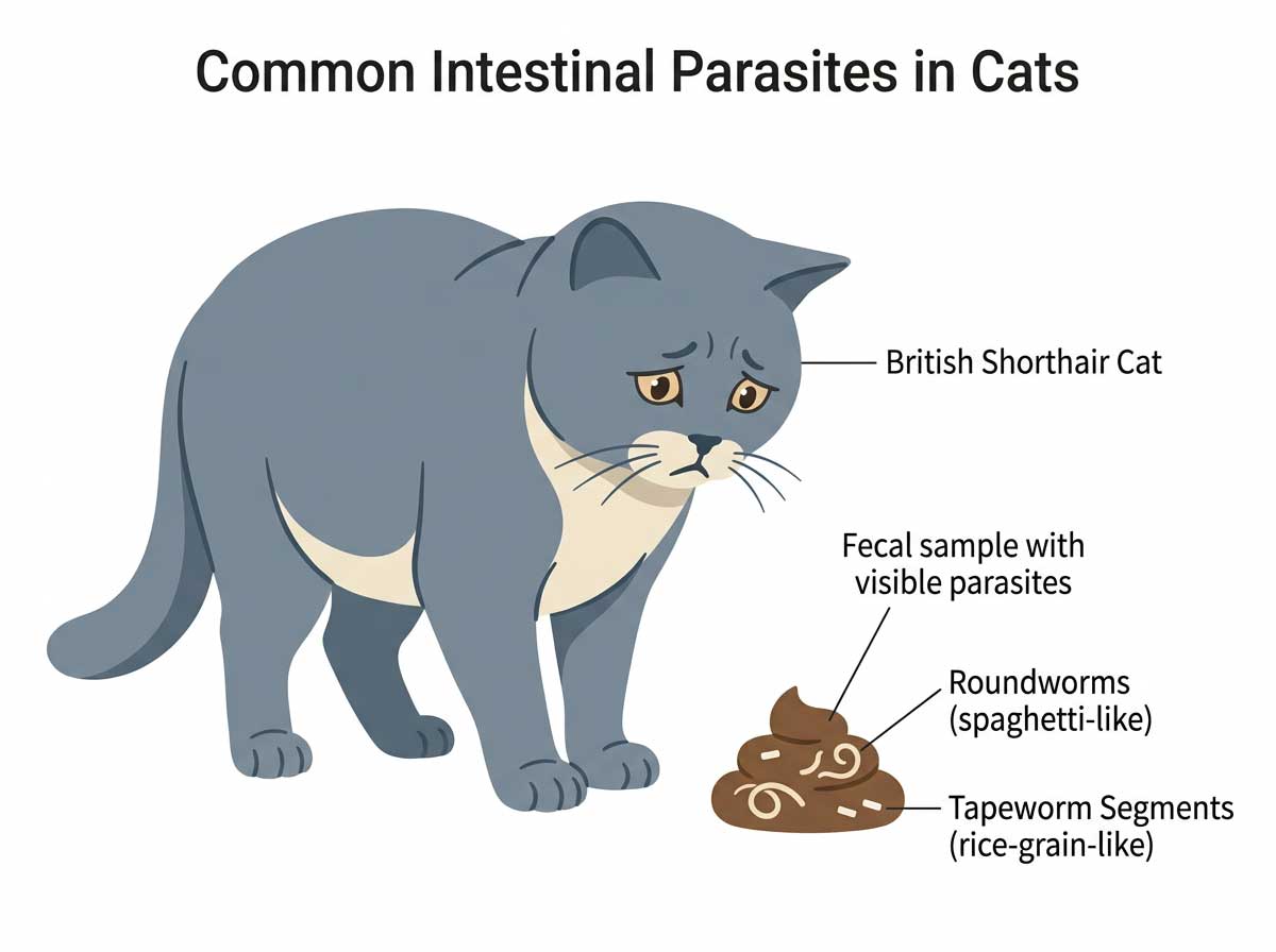 Cat poop showing visible white worms — roundworms and tapeworm segments