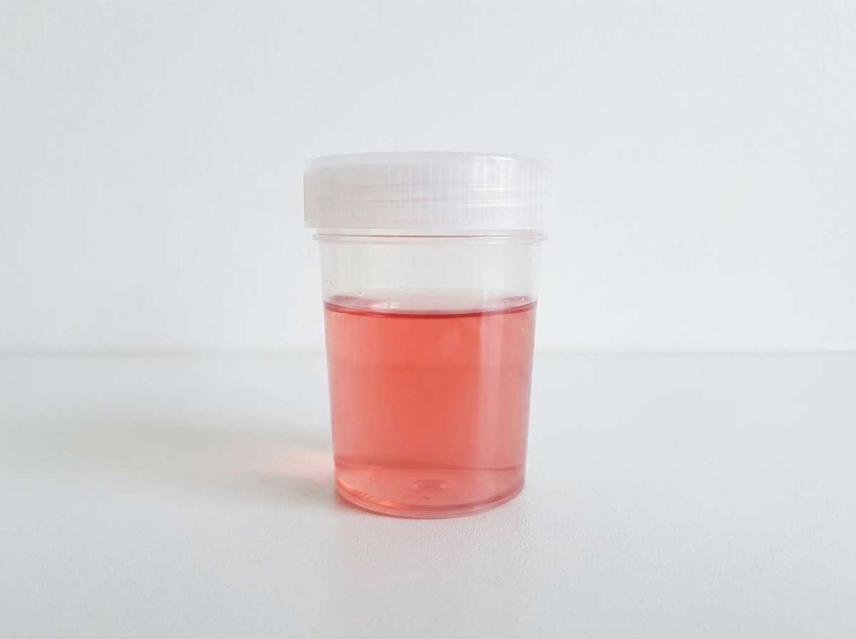 Cat urine sample showing red or pink blood coloration