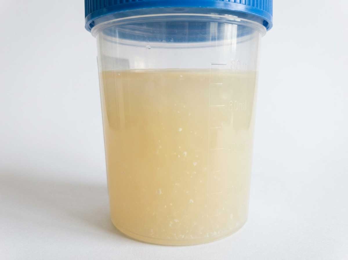 Cat urine sample showing cloudy or milky appearance indicating UTI or crystals