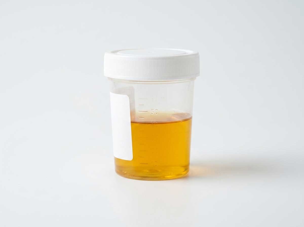 Cat urine sample showing dark yellow or amber color indicating dehydration