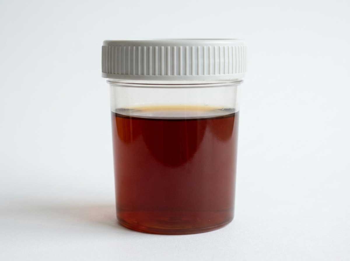 Cat urine sample showing rust or dark brown color indicating older blood or severe issues