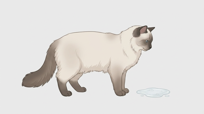 Cat vomiting clear liquid and foam on floor surface