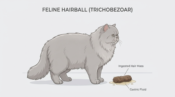 Cat hairball vomit showing tubular hair mass with surrounding liquid