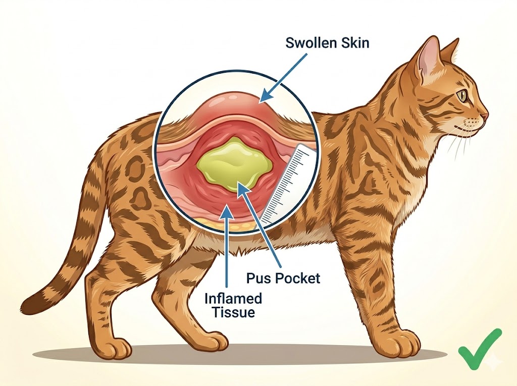 Cat abscess showing swollen painful lump with surrounding inflammation