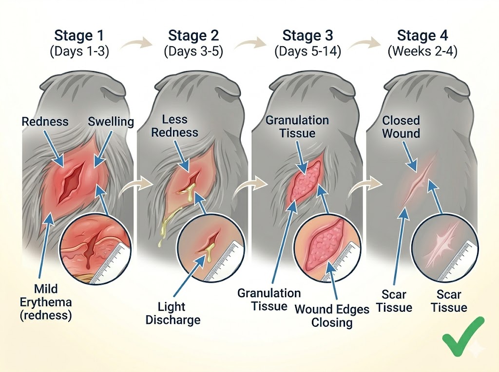 Cat wound healing stages showing progression from fresh wound to healed