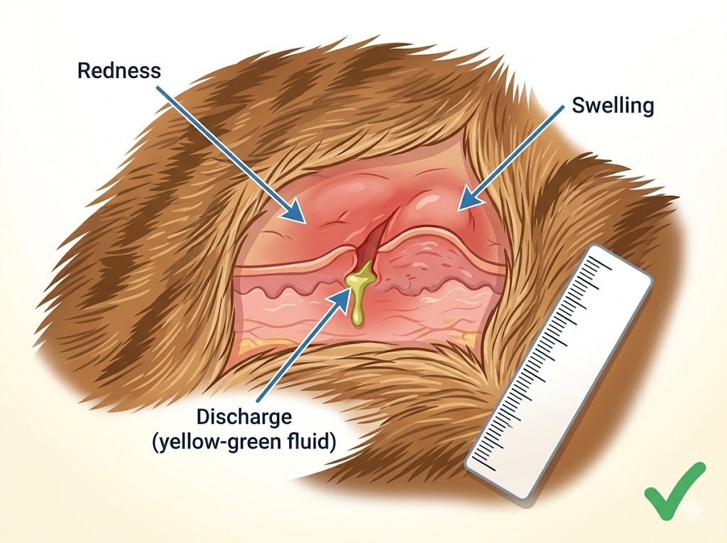 Infected cat wound showing redness, swelling, and discharge