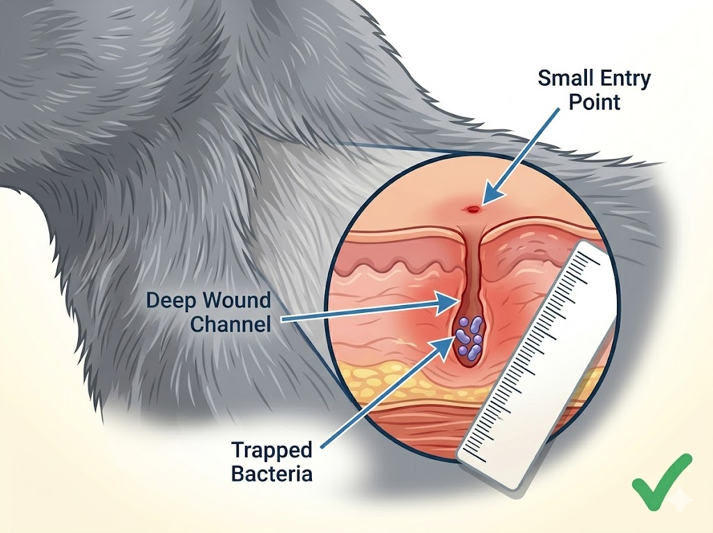 Cat puncture wound showing small entry point with surrounding redness