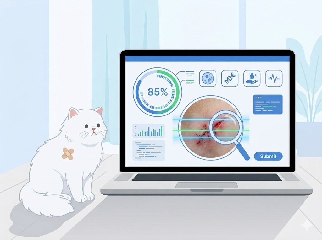 AI analyzing cat wound photo for infection signs and healing stage