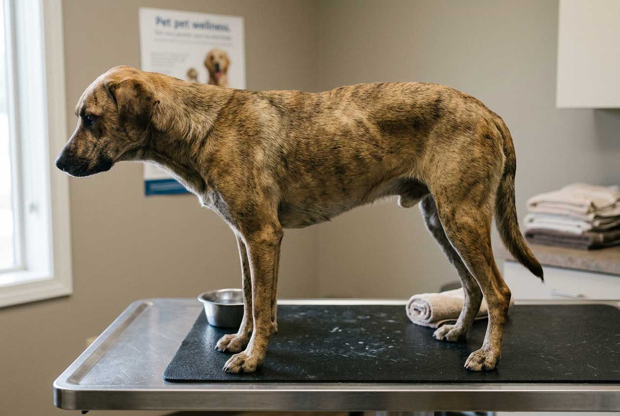 Underweight dog on vet table with visible spine and thin body condition