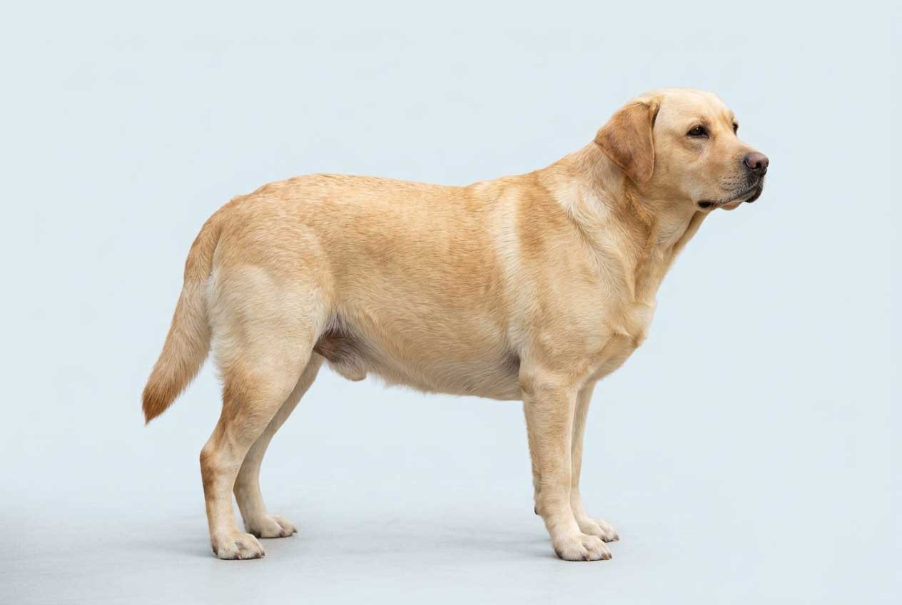 Dog with BCS 6 slightly overweight with less defined waist and reduced abdominal tuck