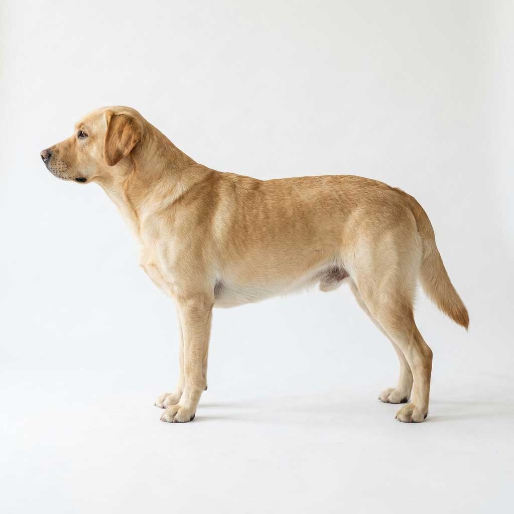 Good example: side view photo of dog at body height showing belly tuck and rib area