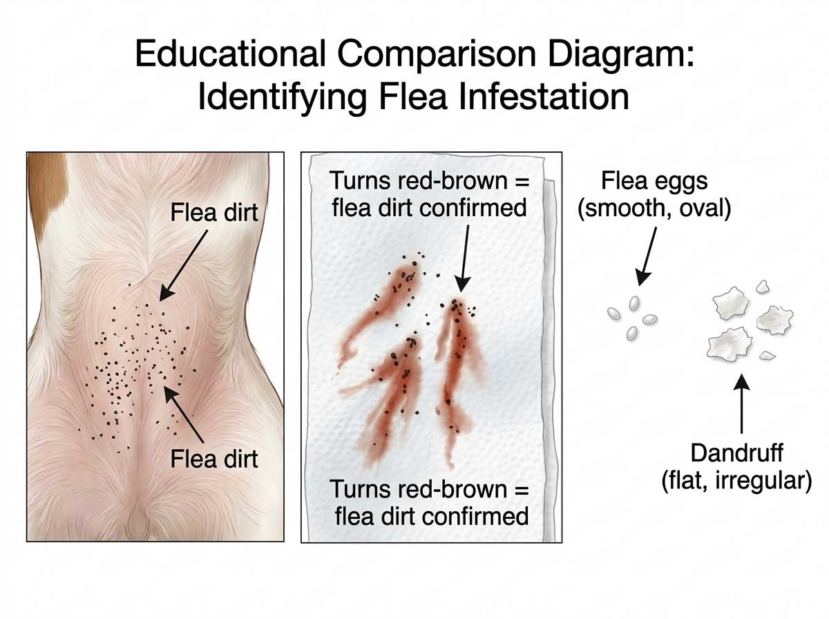 Flea dirt on dog skin showing tiny black specks among fur