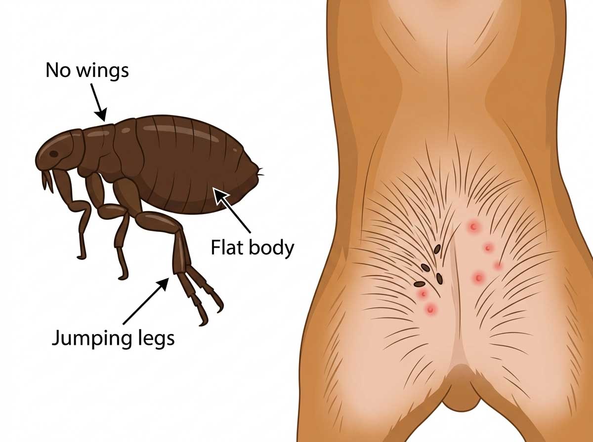 Flea on dog skin showing small dark brown wingless insect