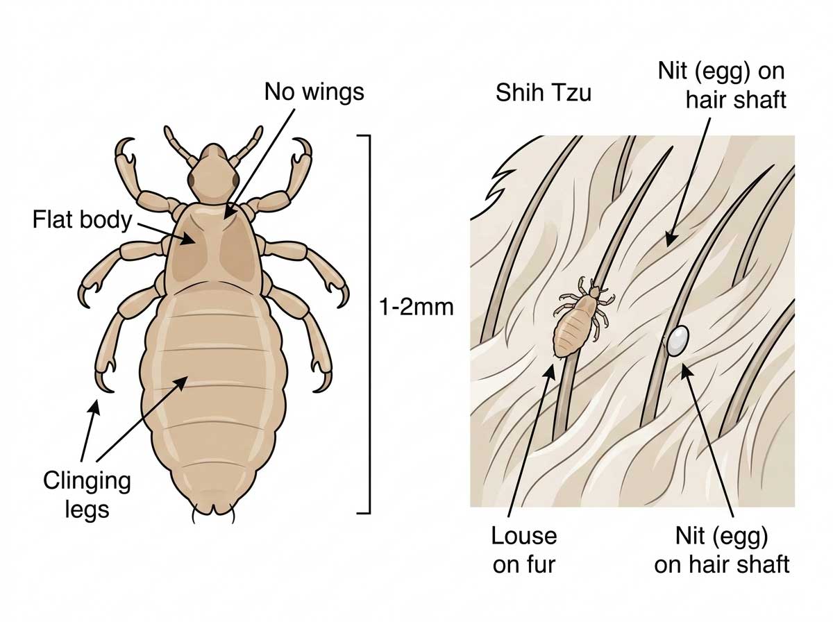 Dog lice on fur showing small flat tan insect close to skin