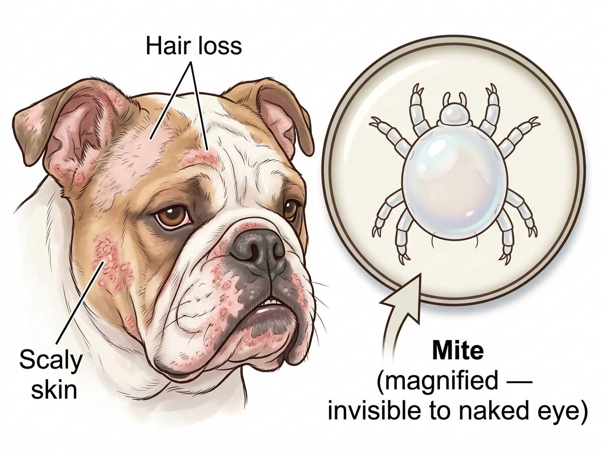 Dog with mite infestation showing hair loss and irritated skin patches