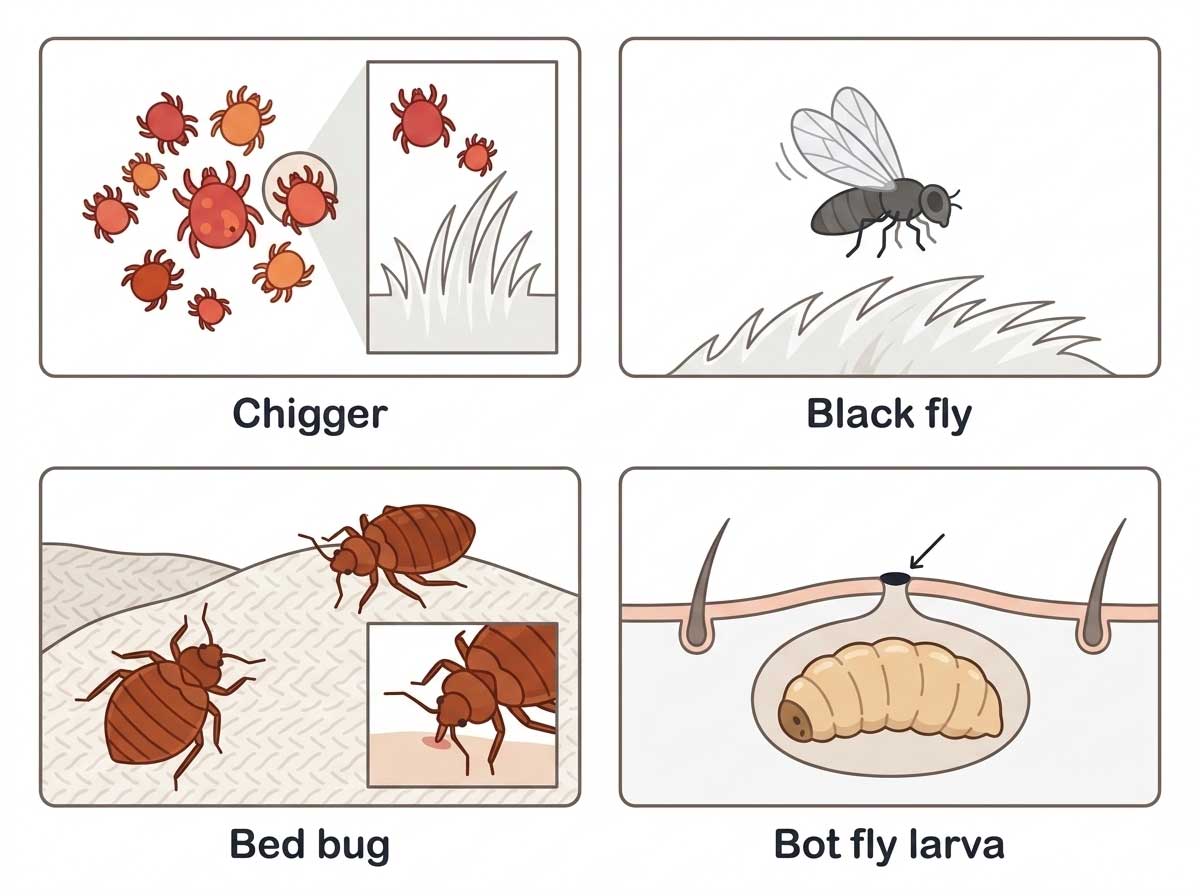 Various parasites that can be found on dogs including chiggers and flies